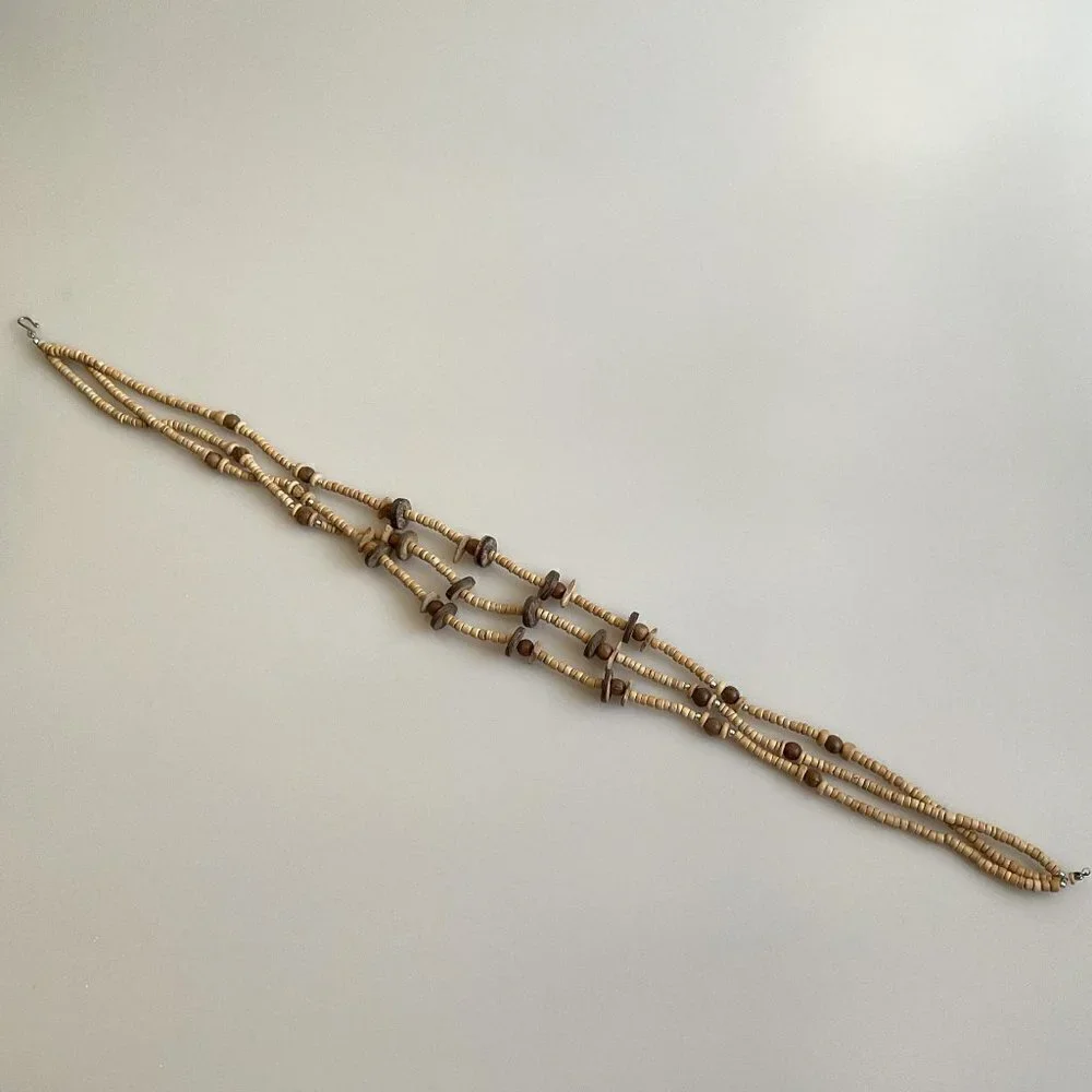 BOHO WOOD BEAD TRIPPLE STRAND NECKLACE